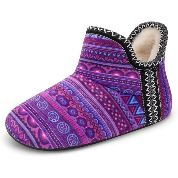 Purple Bohemian Women's Warm Bootie Slippers - Cozy, Non-Slip Winter House Shoes - Picture 1 of 7